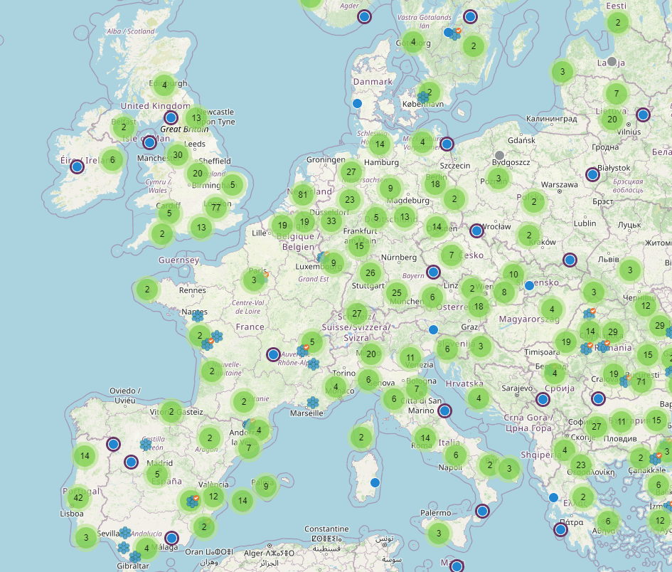 Zoom-in view on Europe in GEODNET’s console map.
