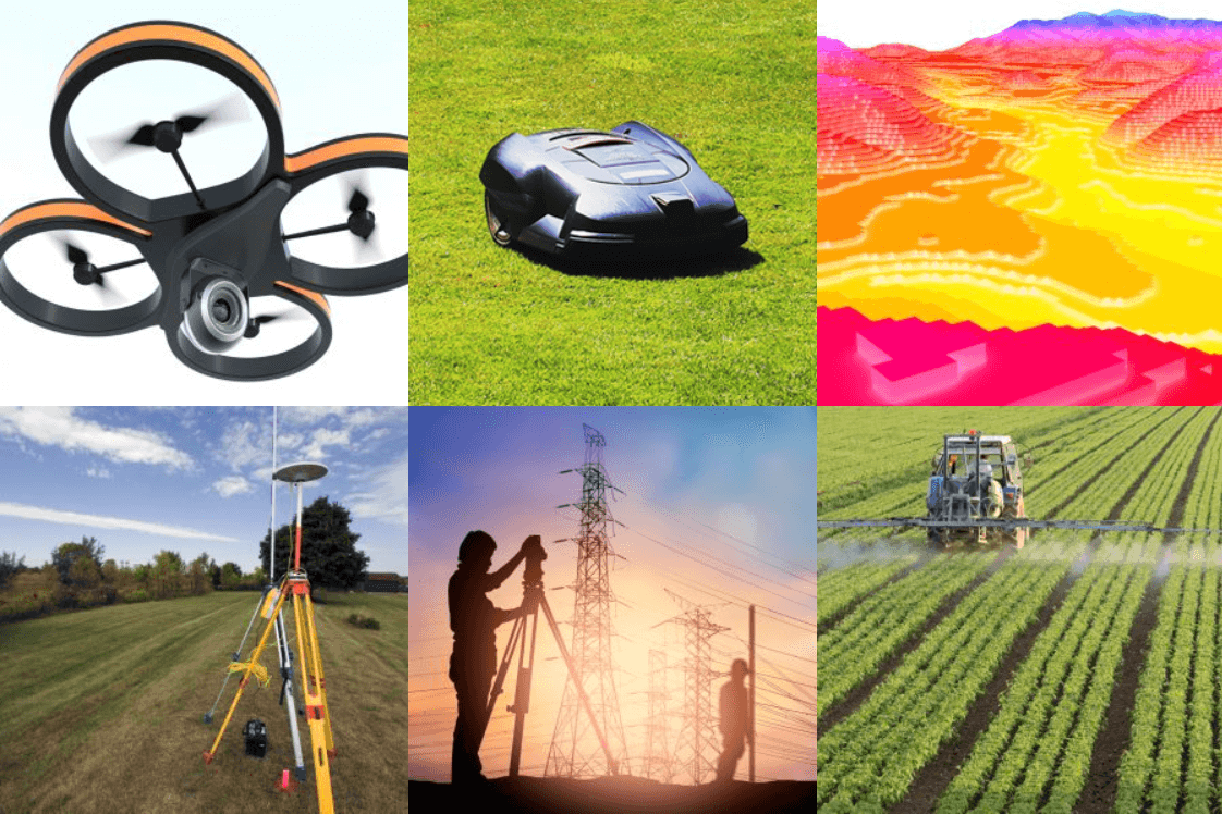 A collection of images showing various use cases for RTK technology, such as drones, tractors, lawnmowers and land surveys.