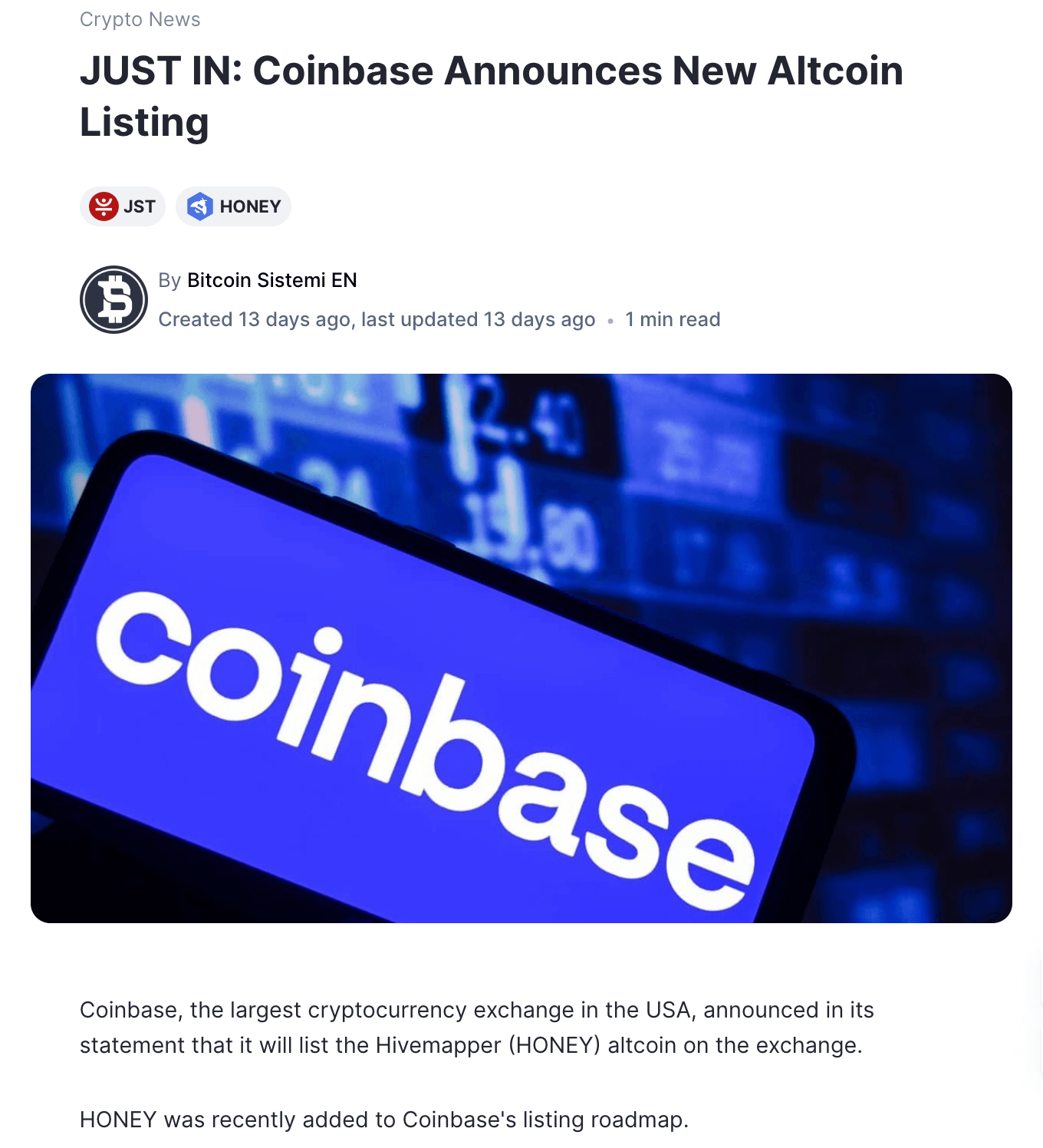 Coinbase listing honey altcoin