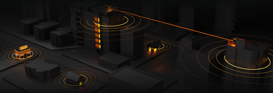 Graphic showing buildings transmitting data through lasers, and redistributing signals wirelessly to nearby buildings.