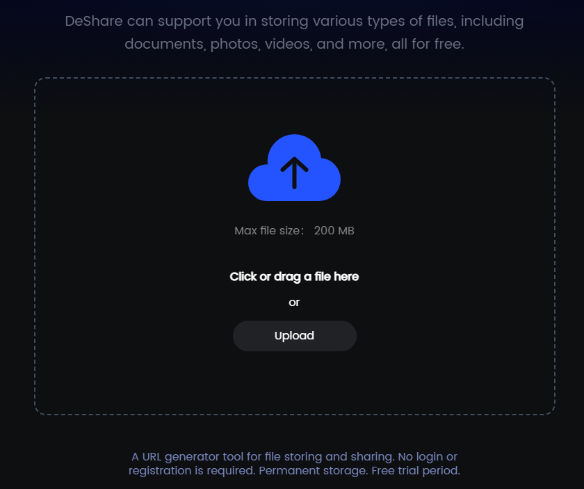 Screenshot of the DeShare file upload interface