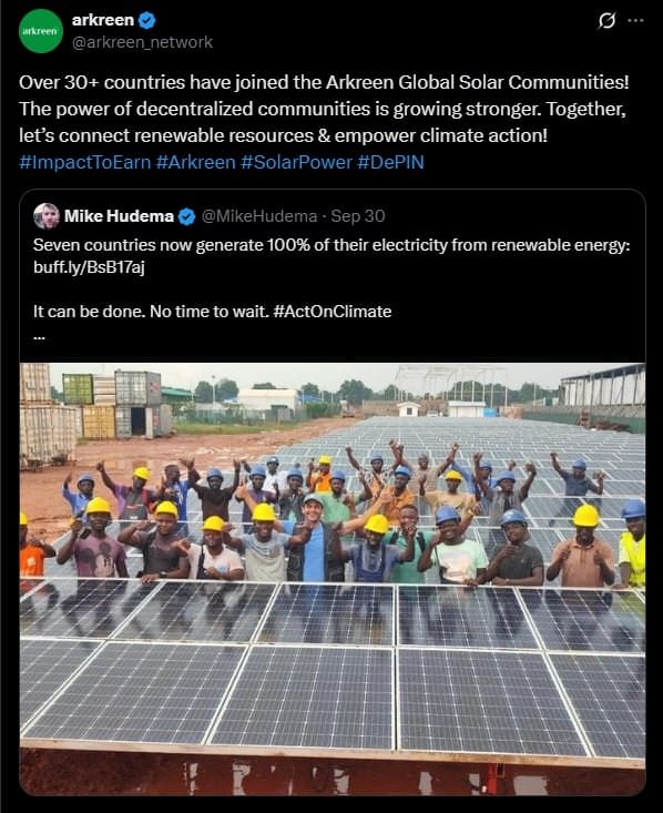 Workers in safety helmets standing proudly beside rows of newly installed solar panels at an Arkreen renewable energy site, symbolizing the growth of global decentralized solar communities.