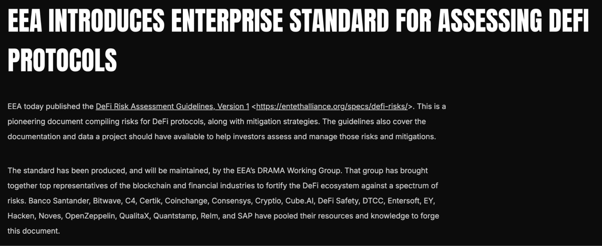 EEA introduces enterprise standard for assessing DeFi protocols